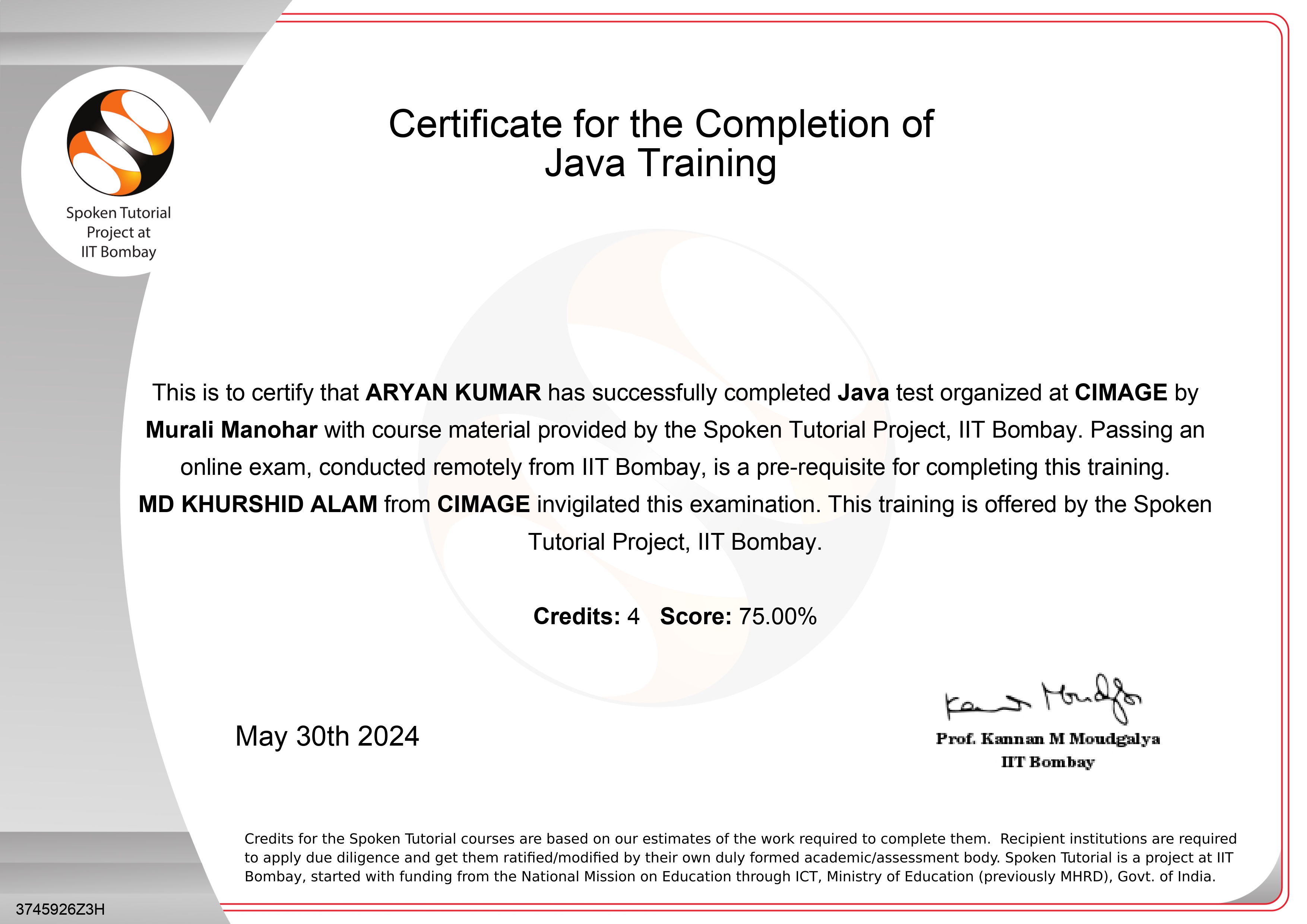 Certificate in JAVA